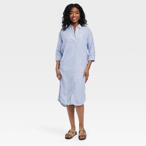 NWT Linen Blend 3/4 Sleeve Midi Shirtdress Pockets Coastal Cover Up Sz L